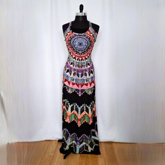 Beachy Mesh Mandala Print Bohemian Long Maxi Beach Boho Dress Semi-sheer Sz M - Picture 2 of 16